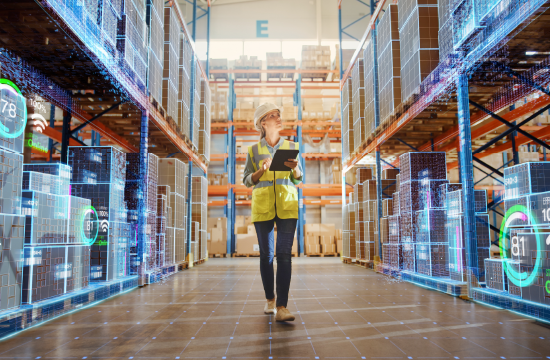 Futuristische Technologie im Einzelhandelslager: Arbeiterin macht Inventur